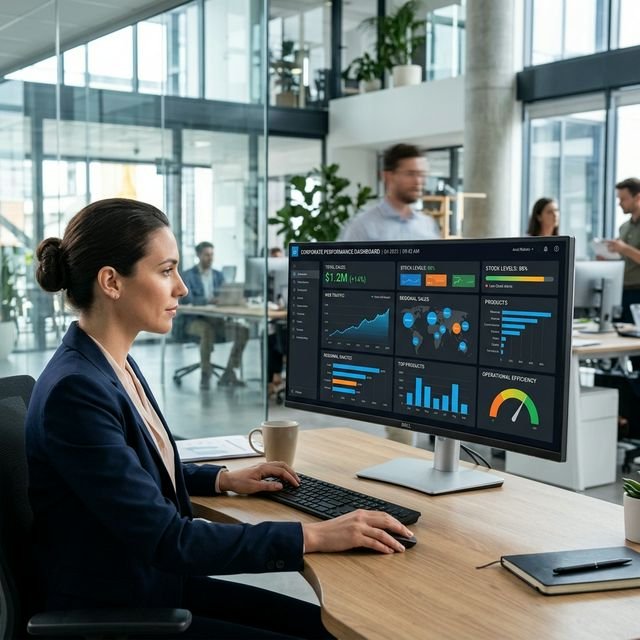 Operadora utilizando un dashboard digital con gráficos en tiempo real